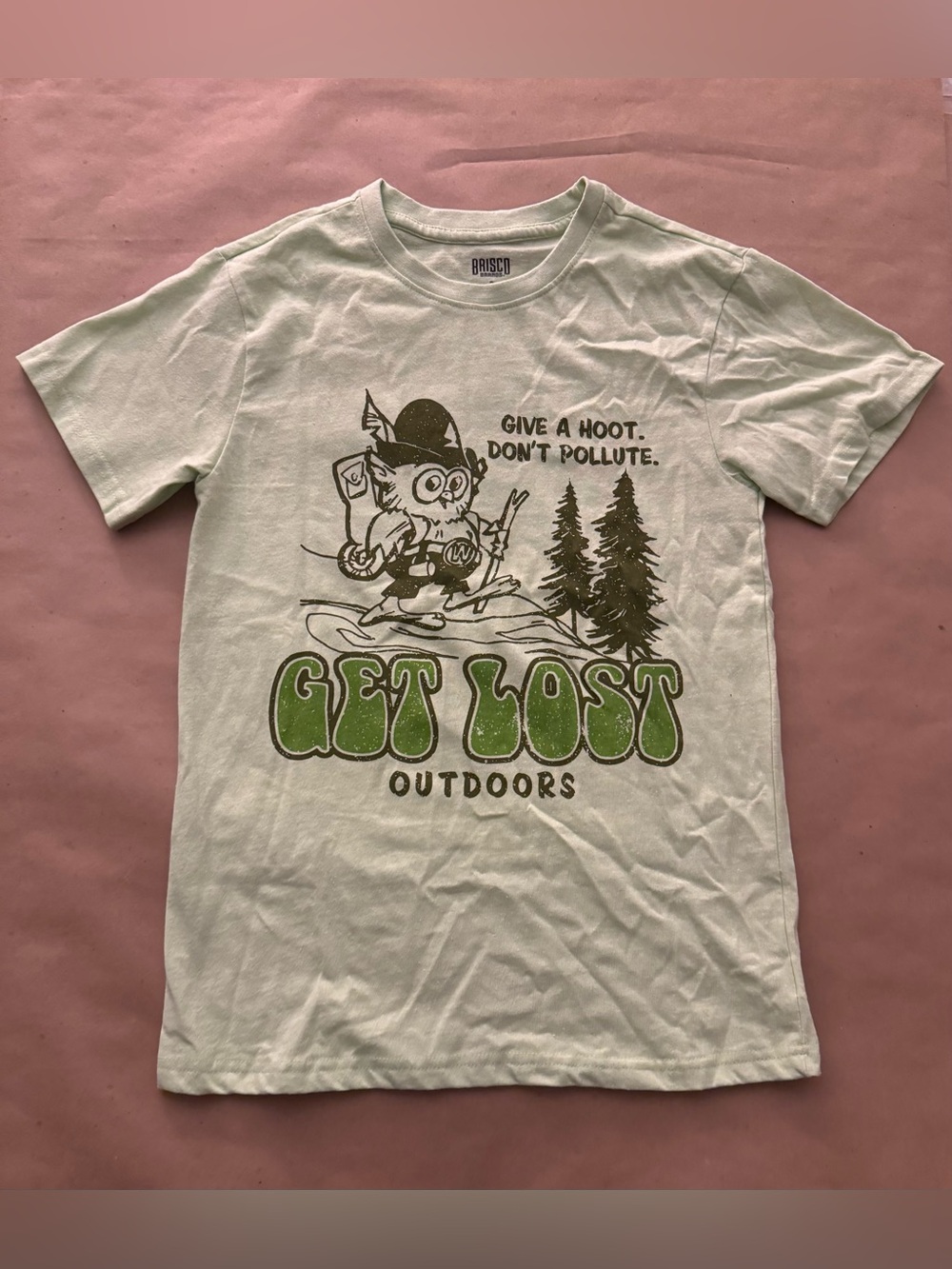 Brisco T-Shirt Green Give a Hoot Dont Pollute Get Lost Outdoors Size Small Retro
